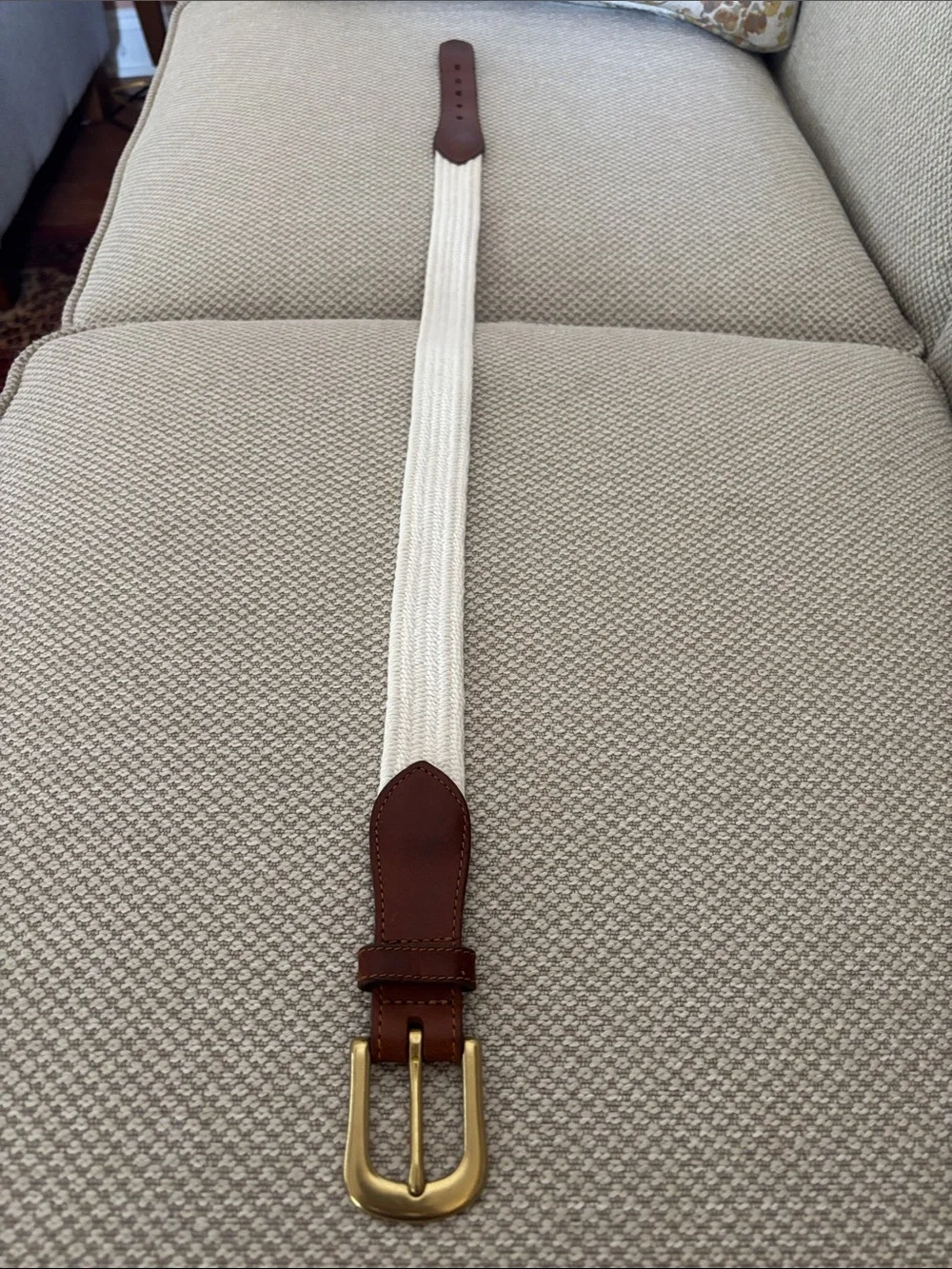 Eddie Bauer White Elastic Belt w/ Brown Leather Trim Solid Brass Buckle Boys Med